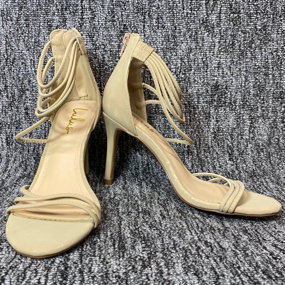 Lulus Strappy Stiletto Sandals Womens 6 Beige Vegan Leather Dress Shoes